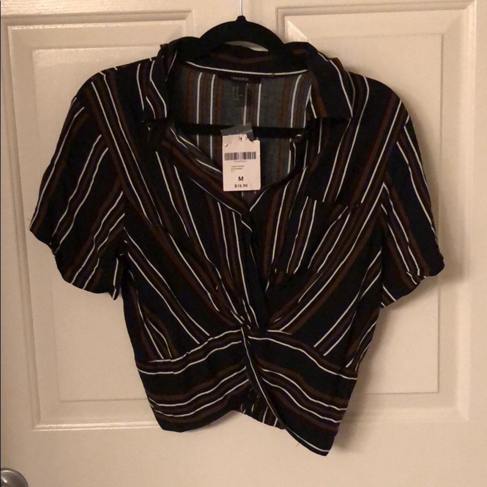 Black brown and white striped button up croptop